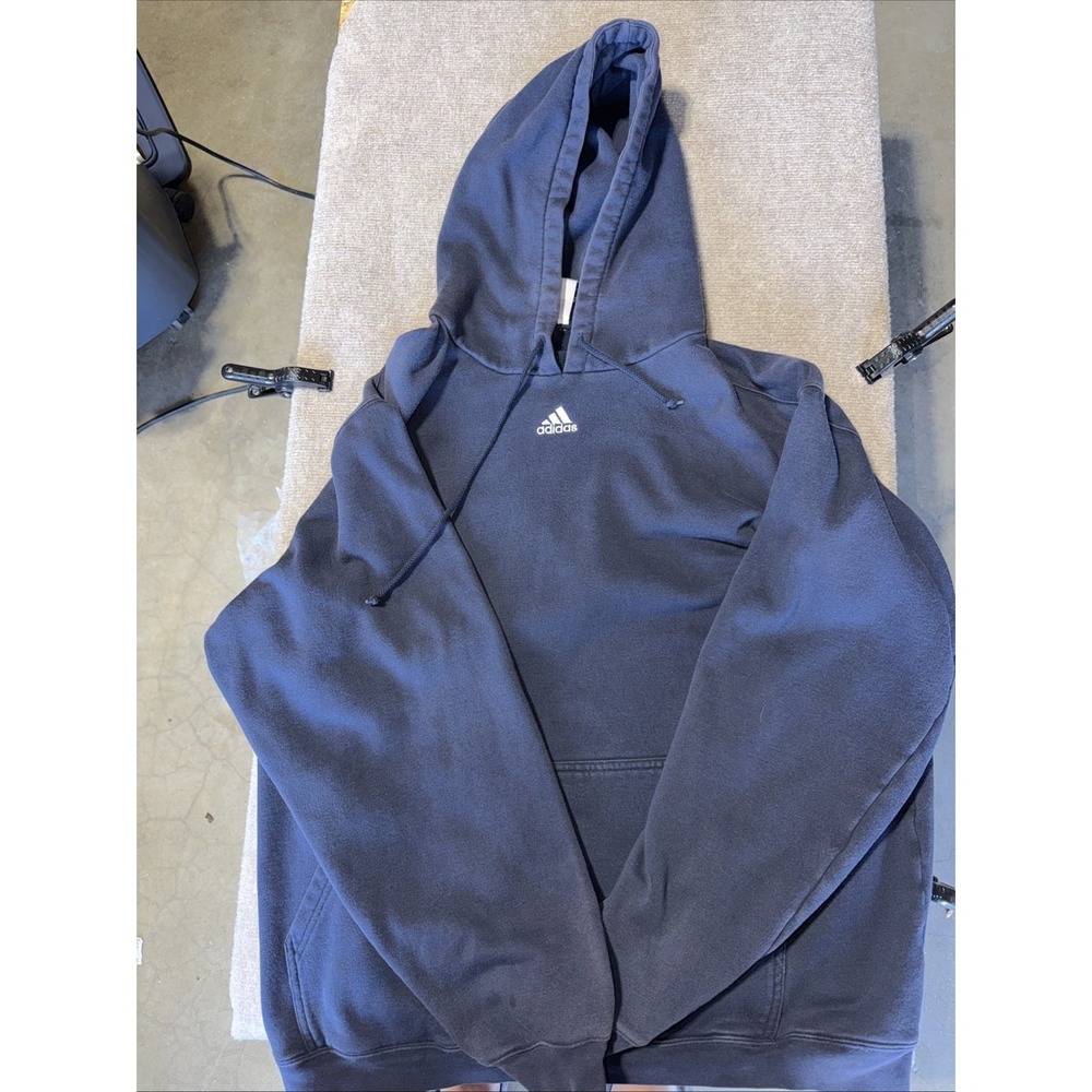 Vintage Adidas Hoodie Mens 2XL Blue Pullover Sweatshirt Center Logo Jumper Y2K